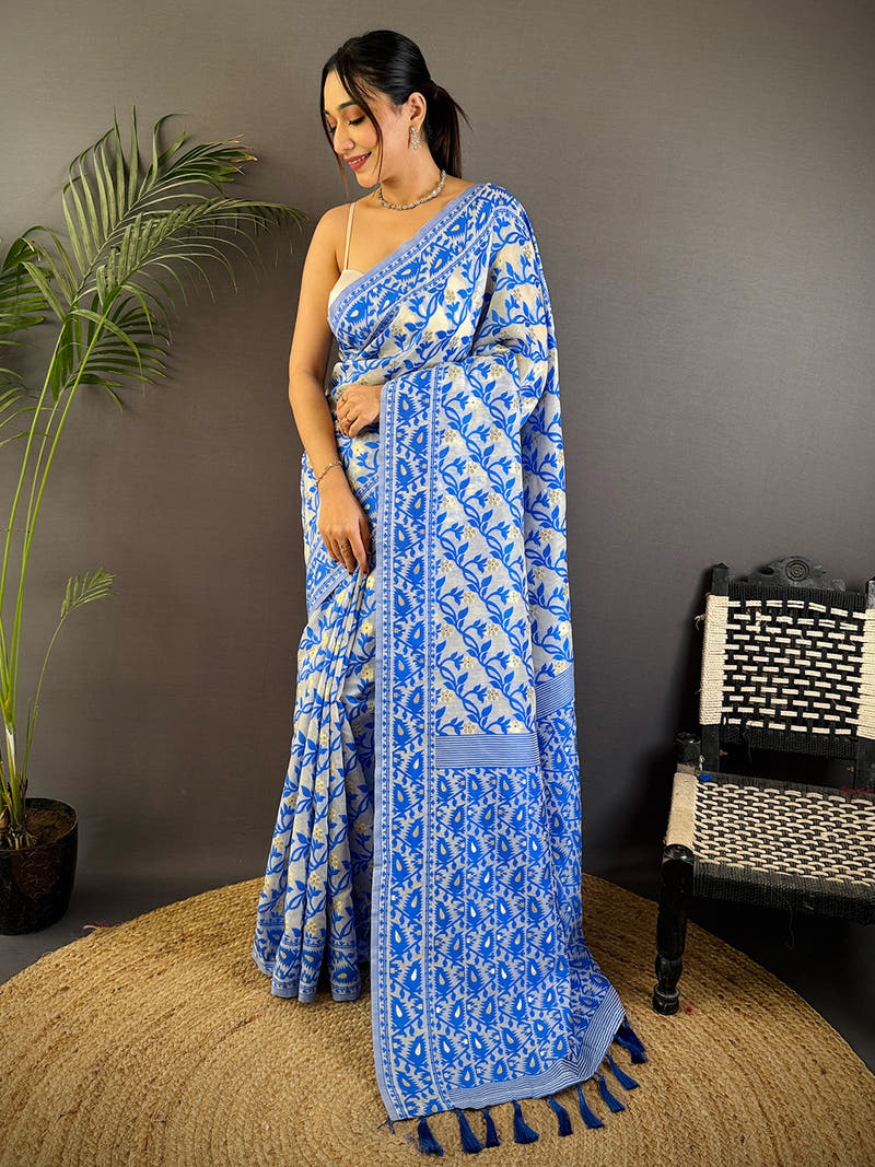 Royal Blue Soft Dhakai Jamdani Silk Saree