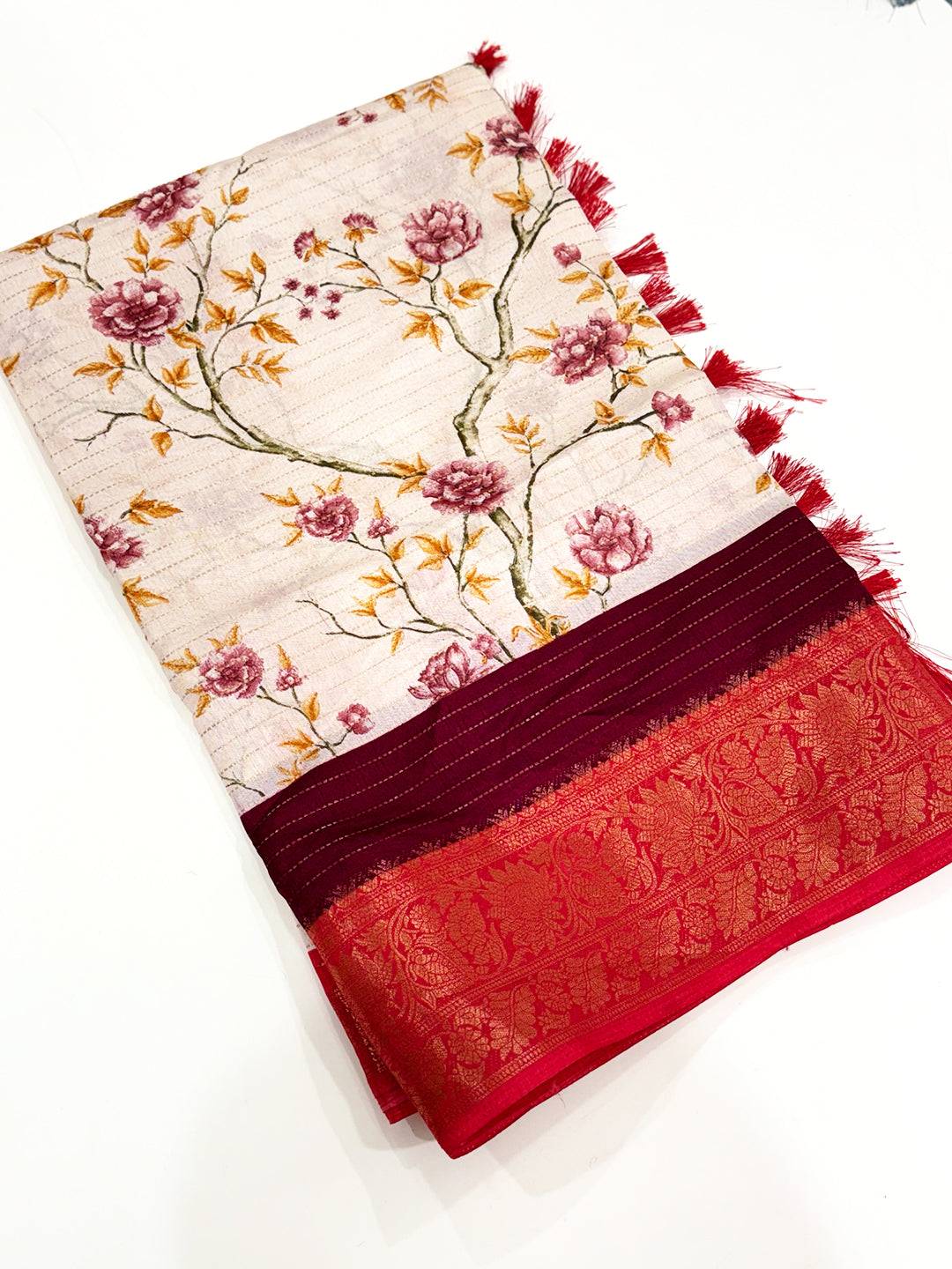 Red Soft Dola Silk Zari Katha Saree