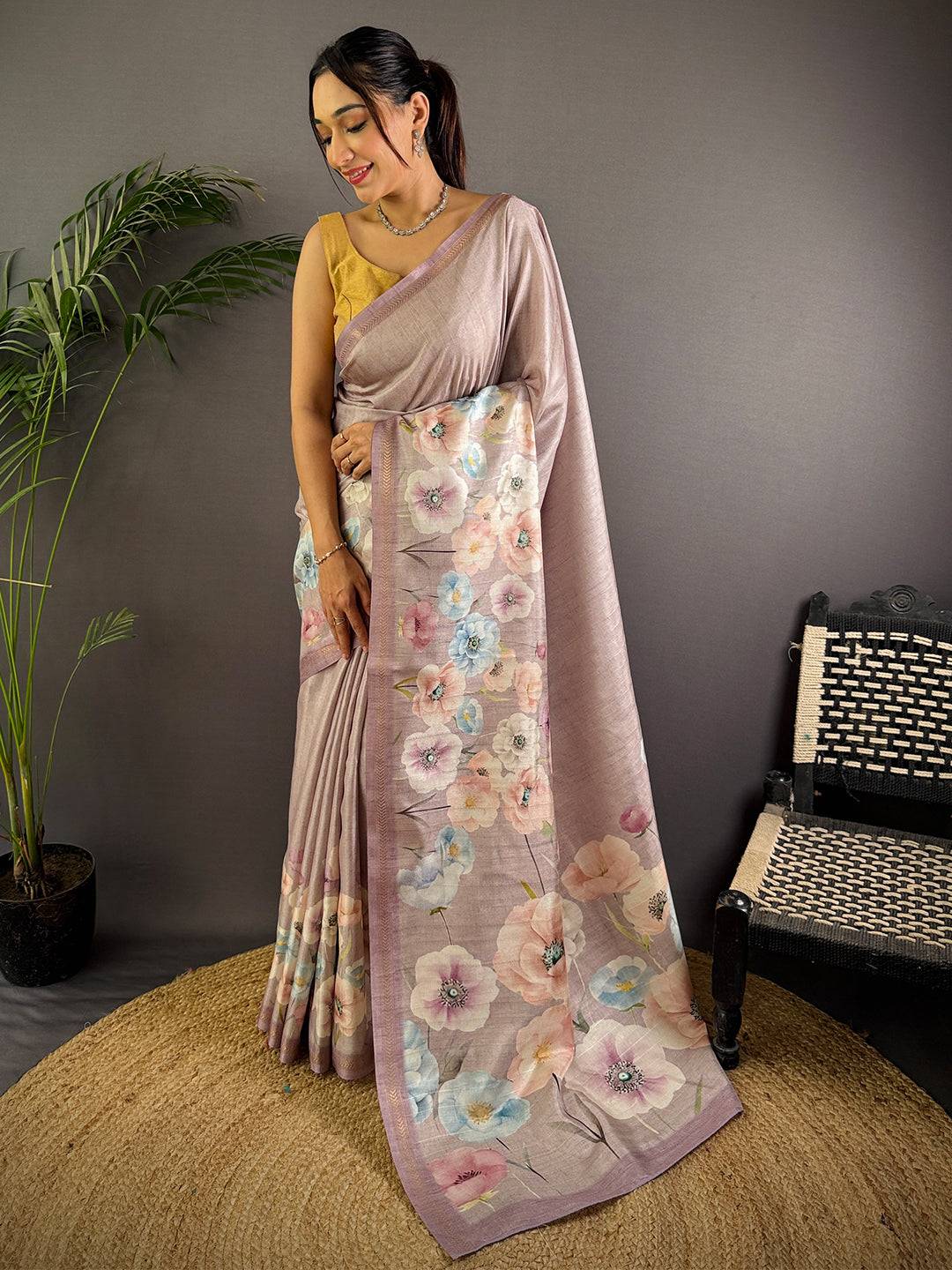 Light Purple Tussar Ghicha Silk Saree