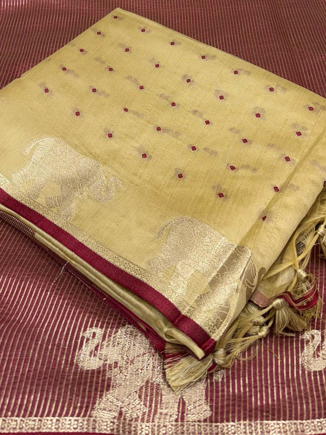 Cream Pure Silk Bandhani Butti Saree