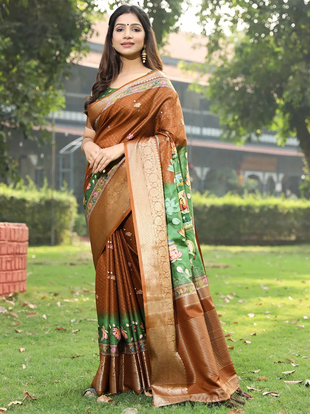 Pure Viscose Dola Silk Saree in Brown with Kalamkari Print