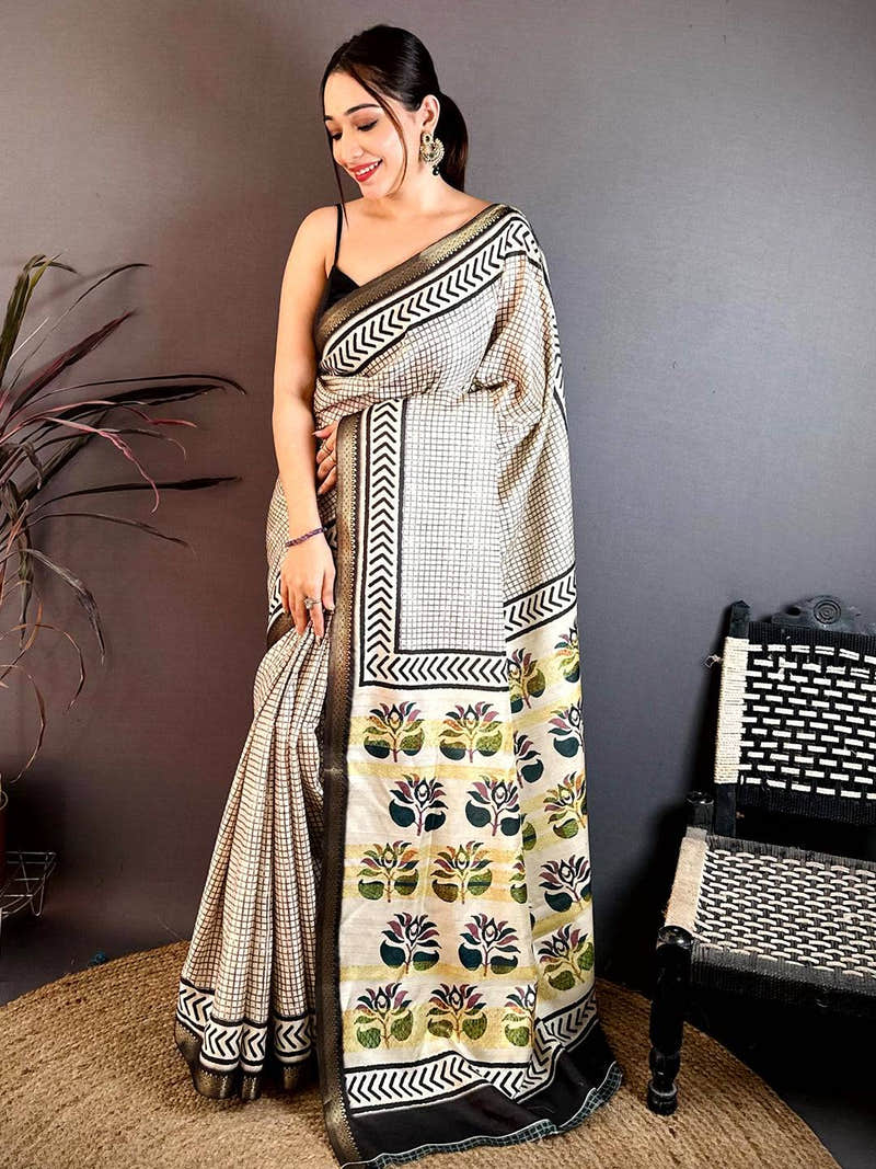 Classic Black Checks Soft Tussar Saree
