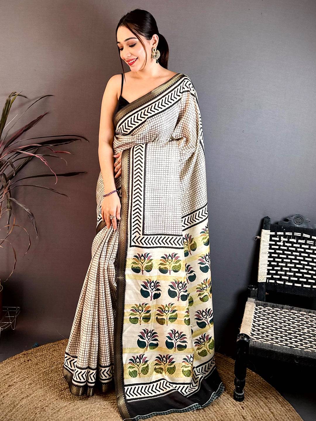 Classic Black Checks Soft Tussar Saree