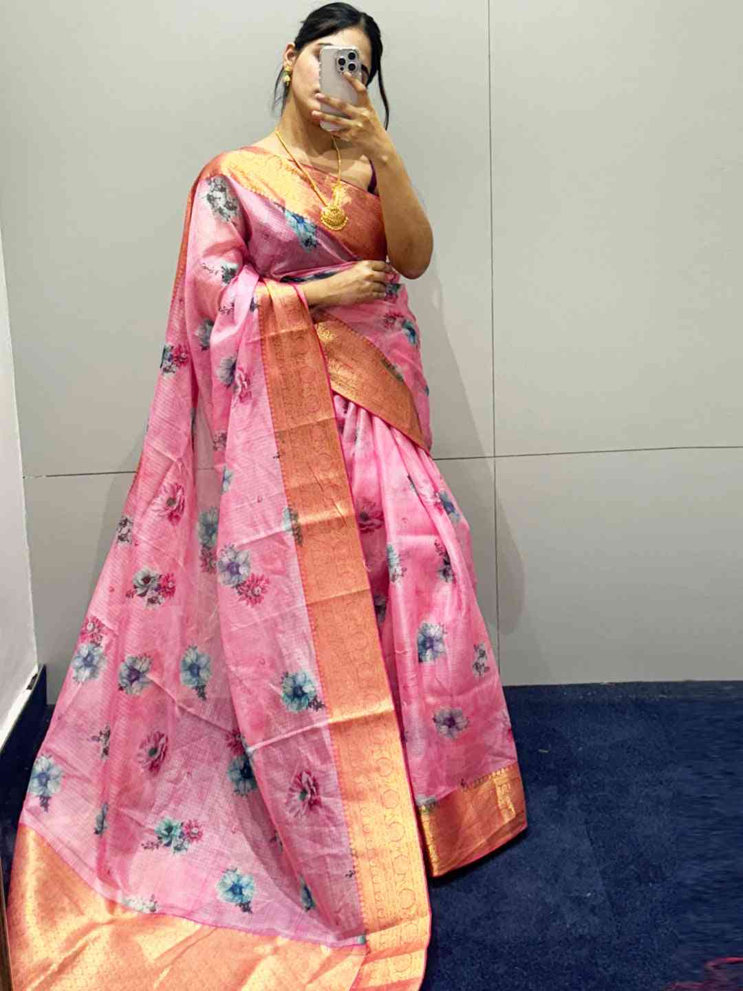 Mirror selfie of pink digital flower print Kota silk saree