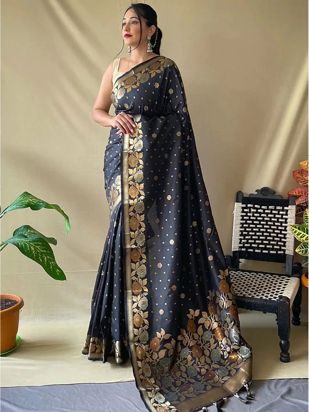 Elegant black Banarasi silk saree with gold zari work