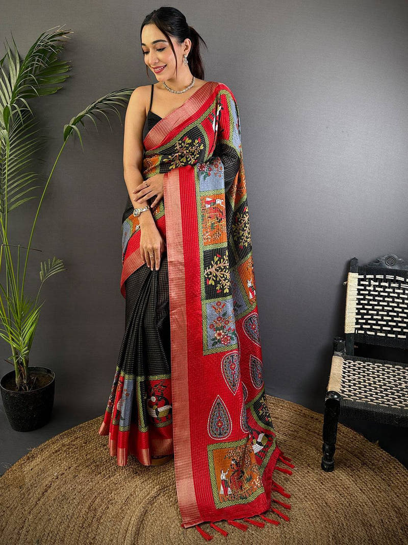 Black Tussar Kalalmkari Print Saree
