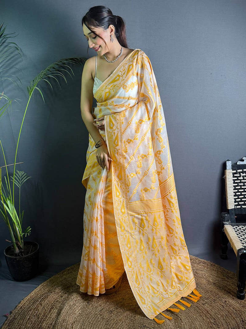 Ethereal Yellow Dhakai Jamdani Silk Saree