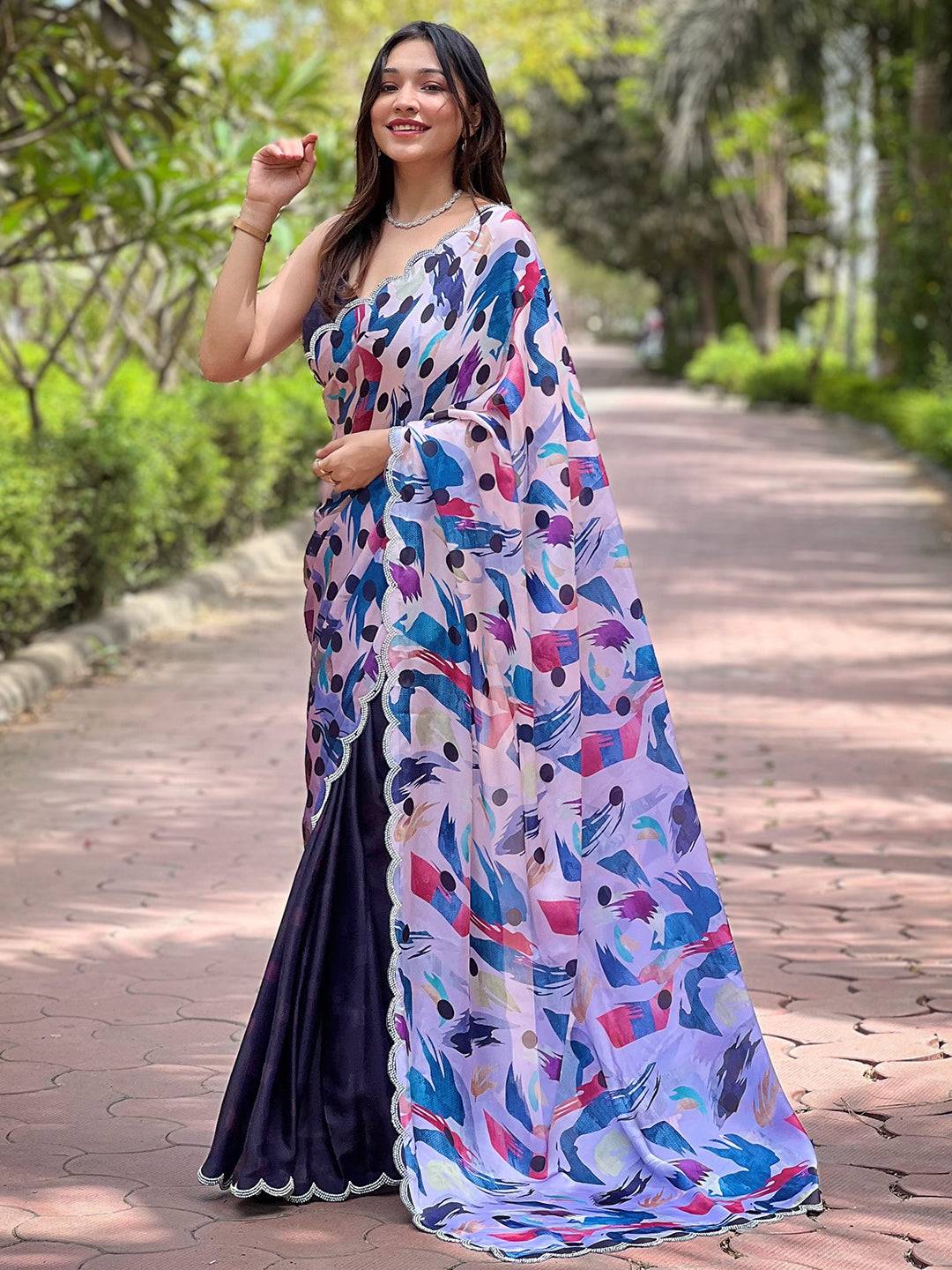 Chic Navy Batik and Polka Dots Print Saree