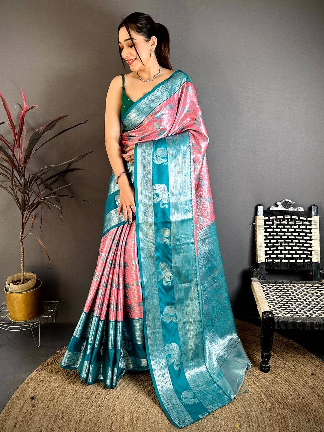 Pink Dharmavaram Double Ikkat Saree