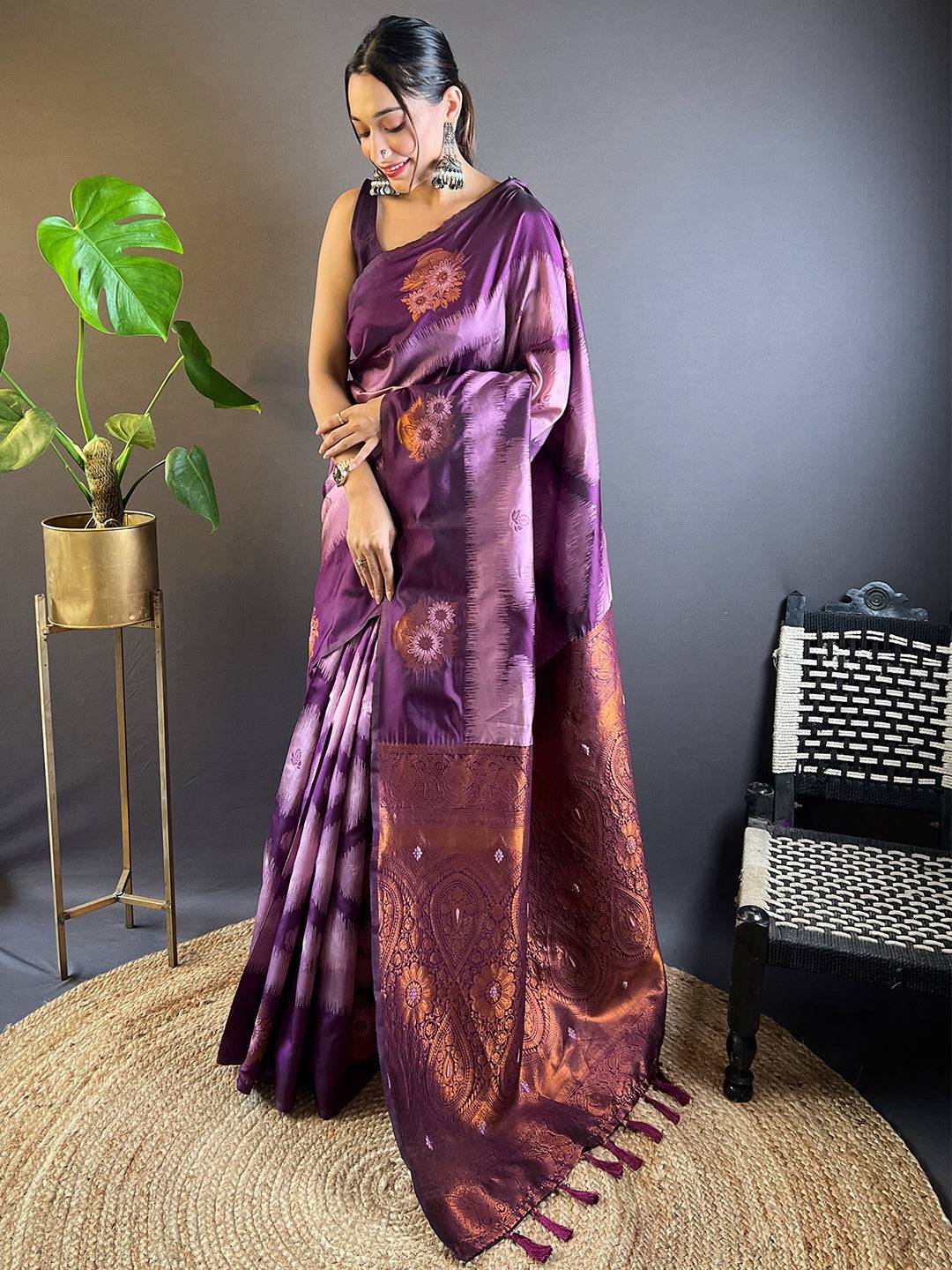 Model wearing Lavender Tussar Silk Ikkat Weaving Saree
