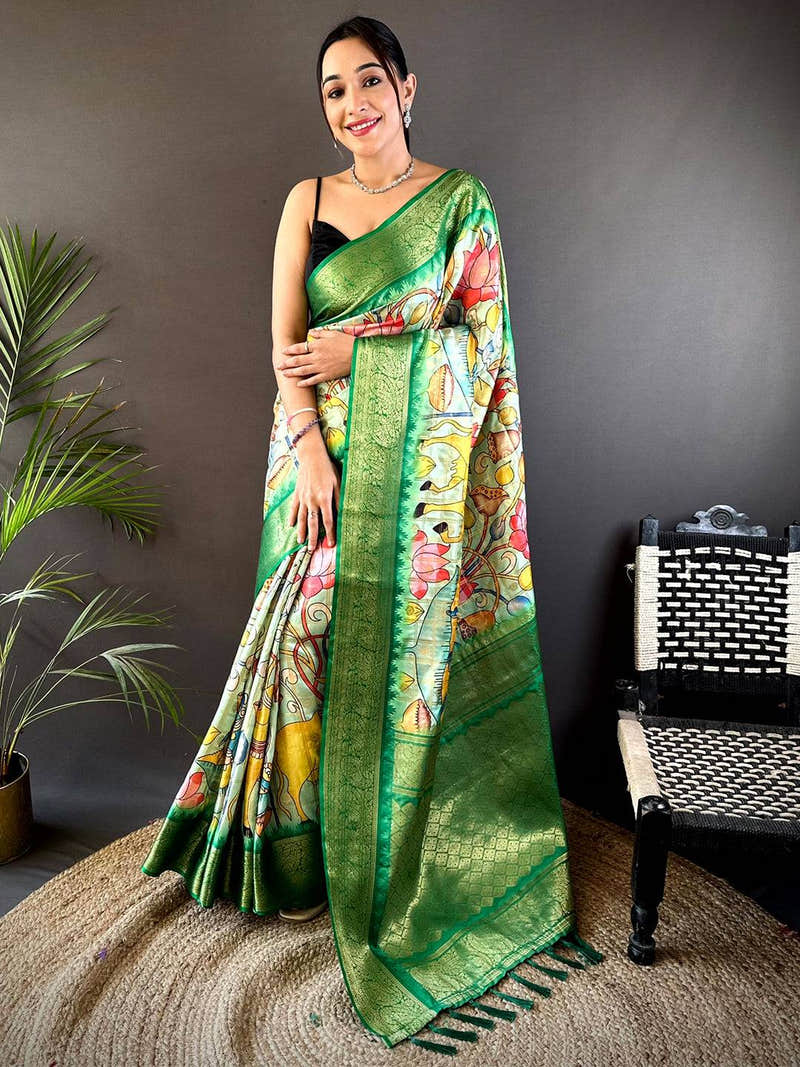 Green Banarasi Silk Lotus Kalamkari Saree