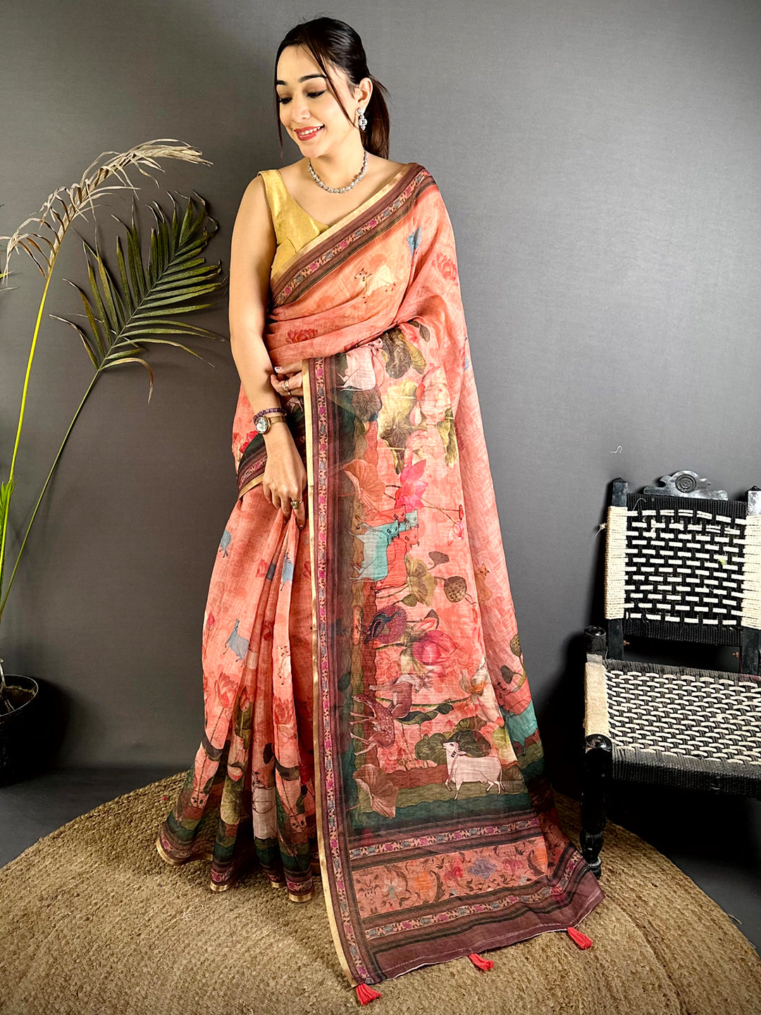 Peach Pichwai Kalamkari Linen Saree