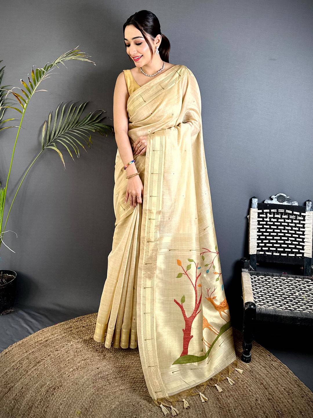 Cream Minakari Paithani Khadi Linen Saree