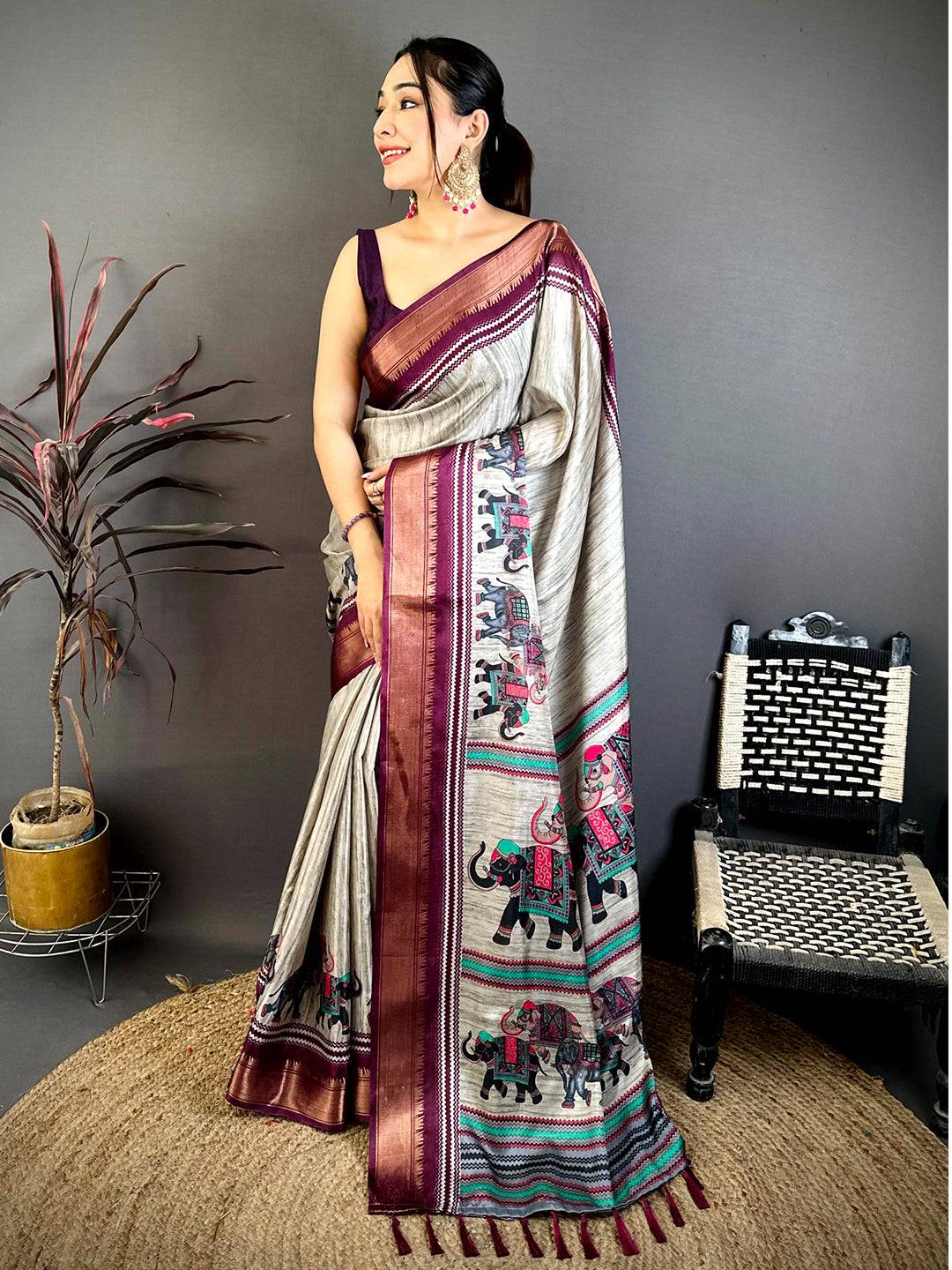 Artistic Block Print Dola Silk Saree