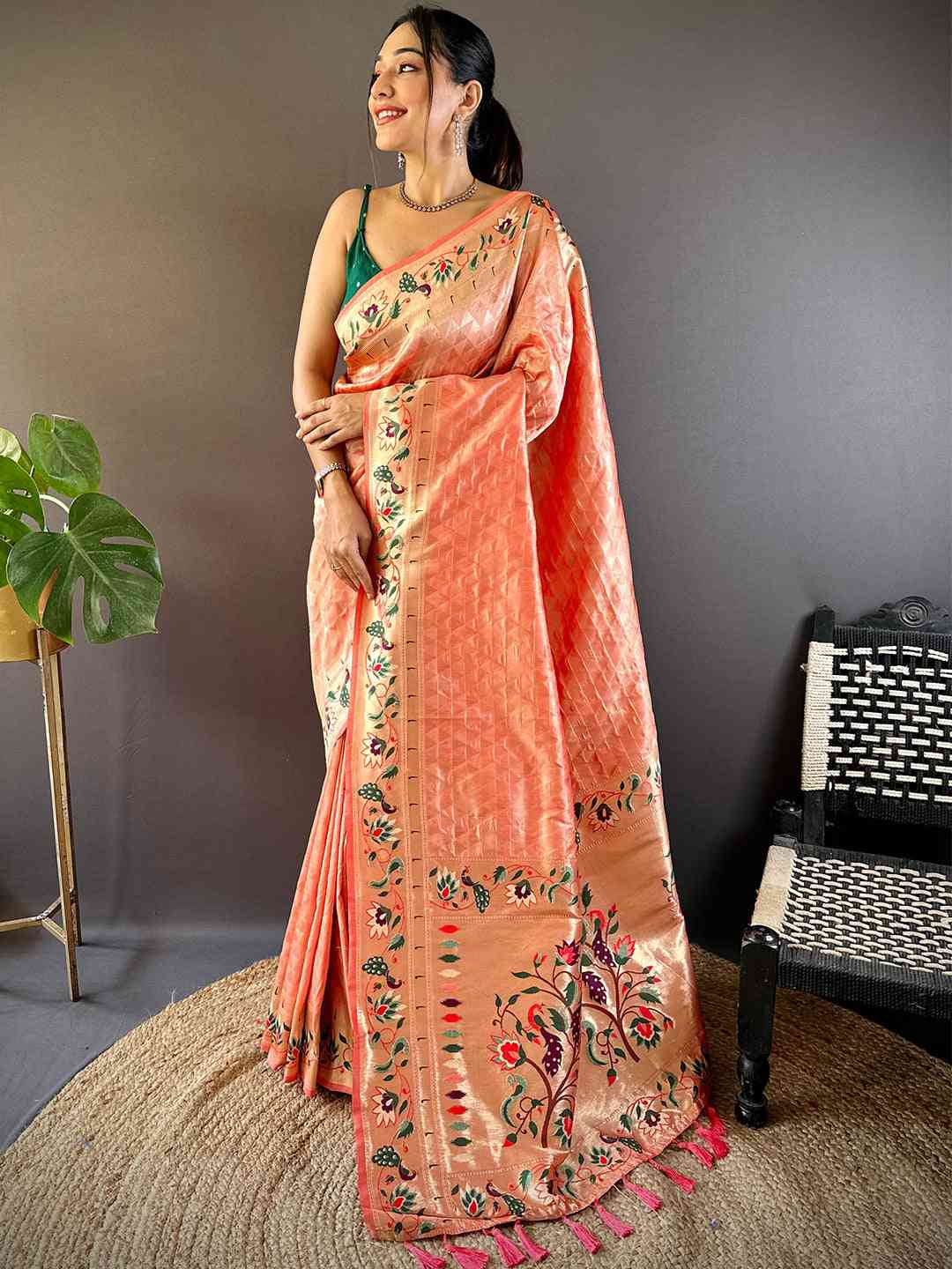 Peach Silk Blend Woven Zari Work Paithani Saree