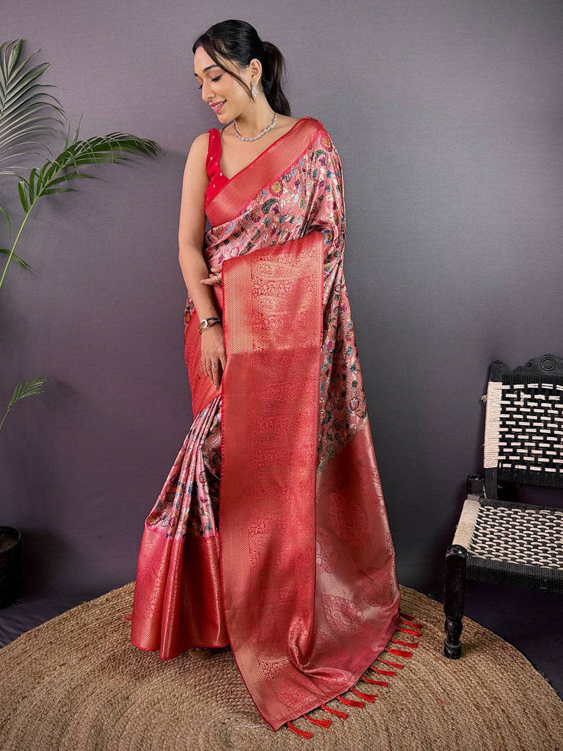 Lavender Cherry Satin Kalamkari Saree