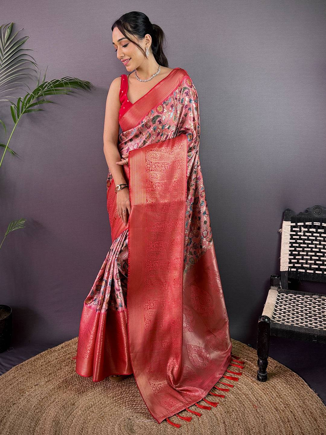 Lavender Cherry Satin Kalamkari Saree