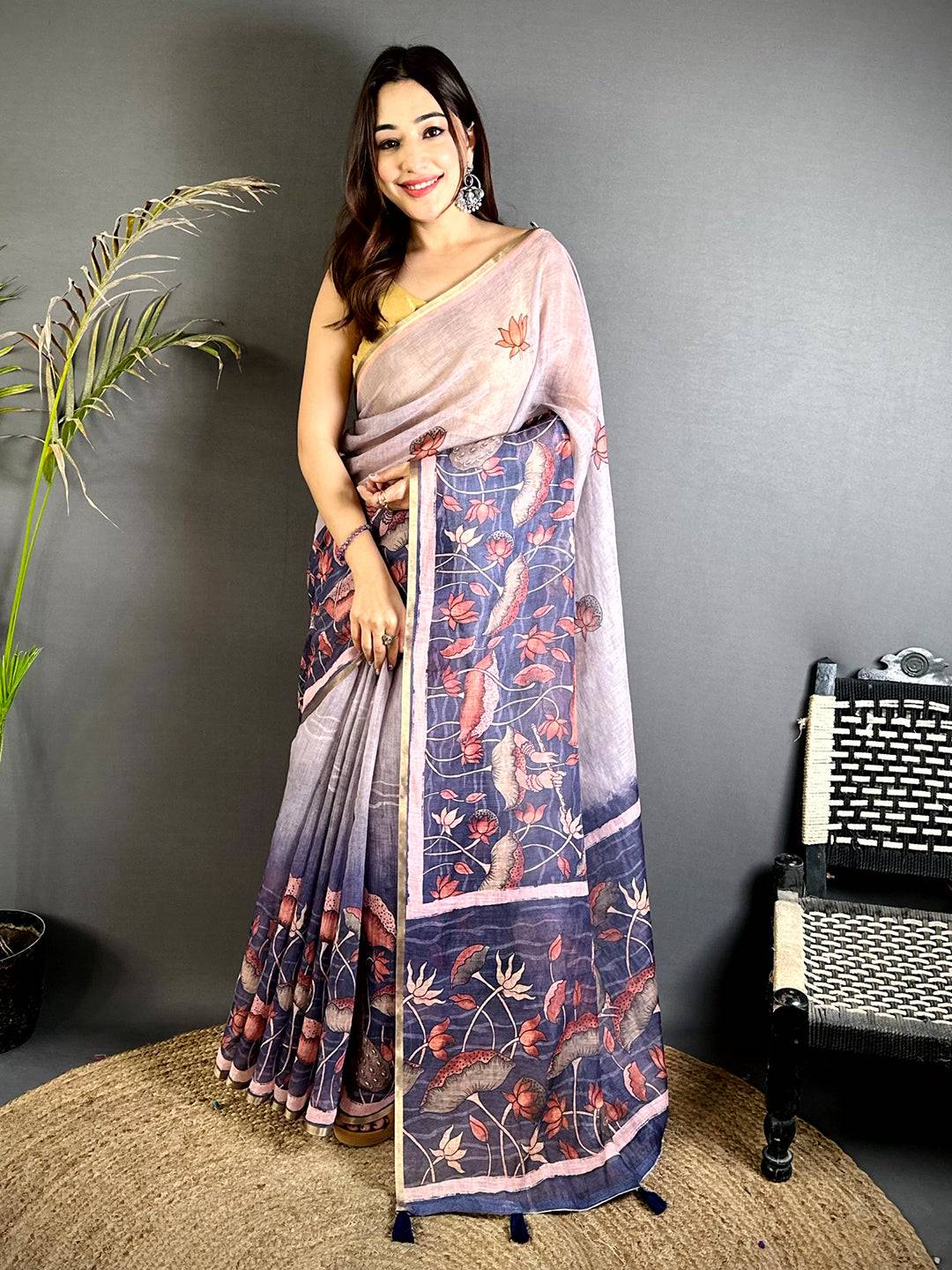 Heritage Floral Linen Tissue Saree