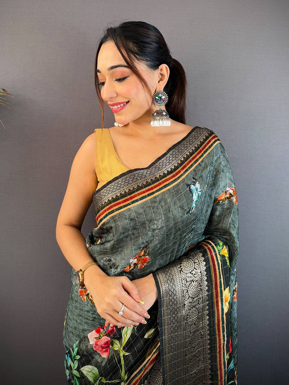 Gray Pure Viscose Checked Saree