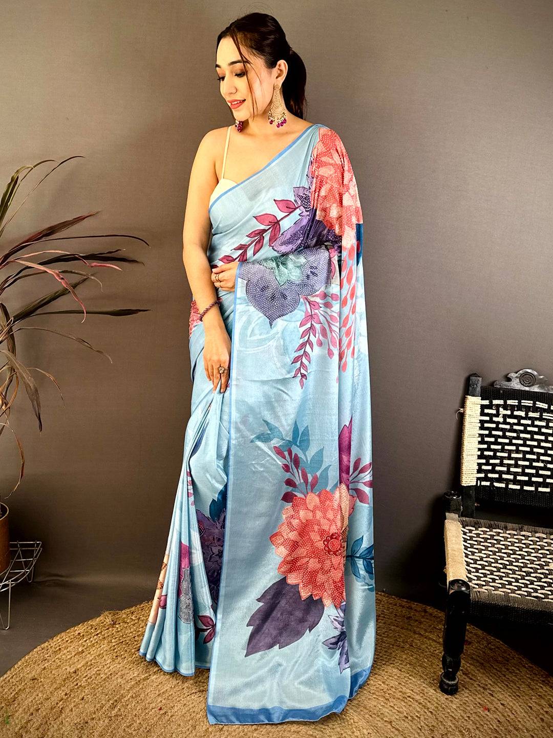 Sky Blue Soft Chiffon Floral Stone Work Saree