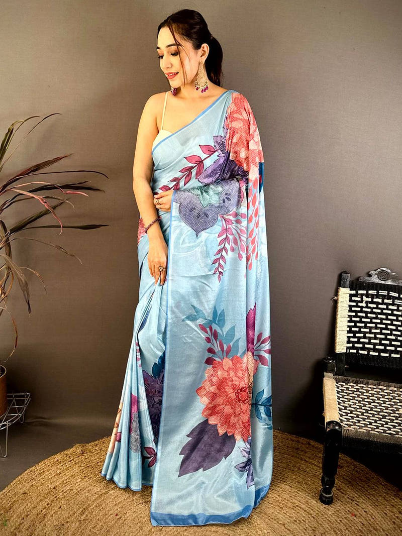 Sky Blue Soft Chiffon Floral Stone Work Saree