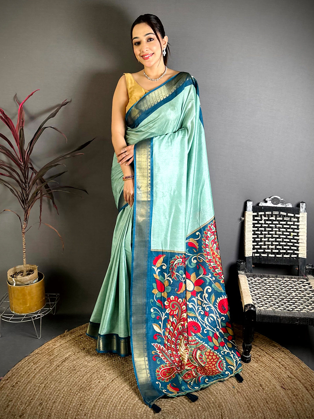 Mint Green Kalamkari Pallu Dola Saree