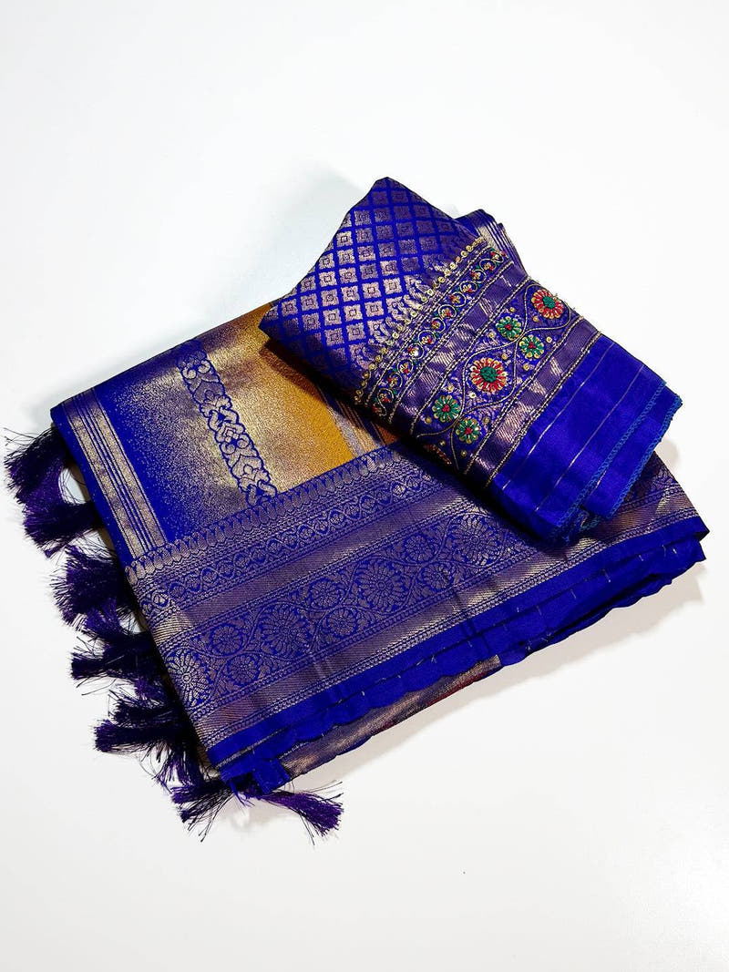 Regal Purple Stripes Banarasi Silk Saree With Maggam Blouse