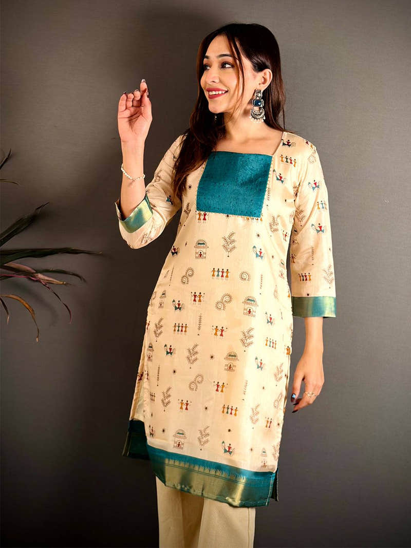 Classic Square Neck Dola Silk Kurti