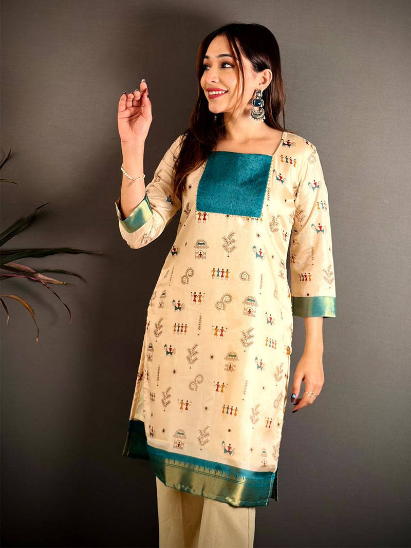 Classic Square Neck Dola Silk Kurti