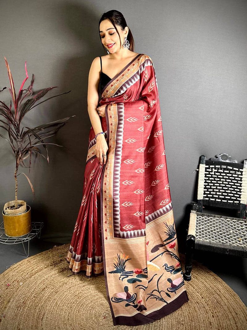 Classic Red Bold Ikkat Tussar Saree