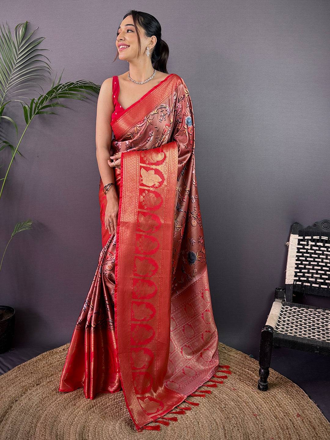 Ethereal Soft Cherry Satin Kalamkari Print Saree