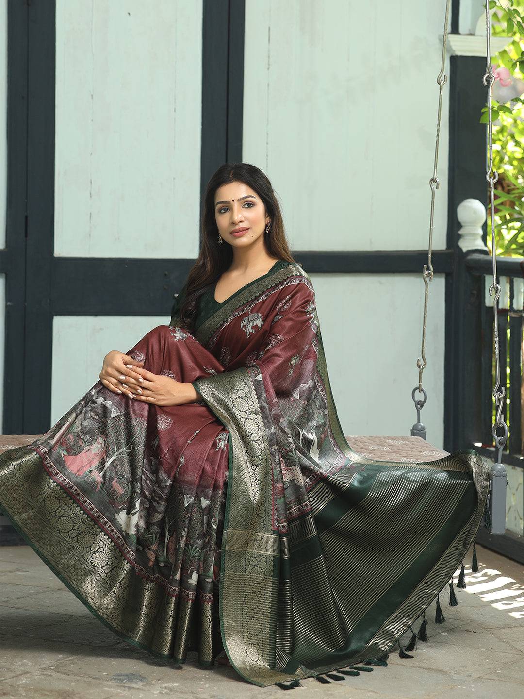 Maroon Ajrak Block & Hand Kalamkari Print Pure Viscose Saree