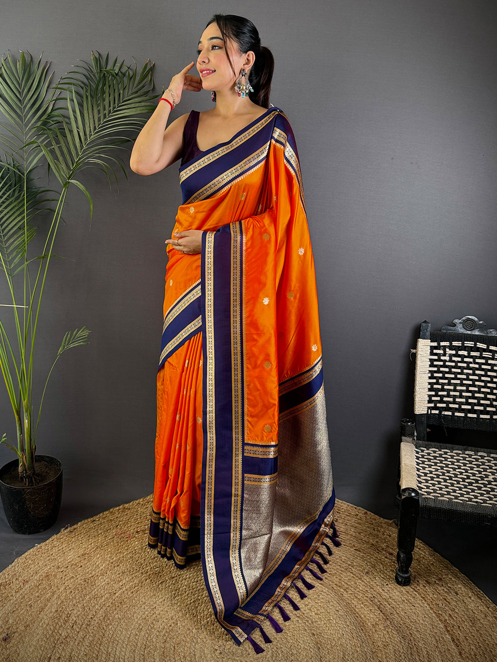 Orange Soft Silk Floral Butta Saree