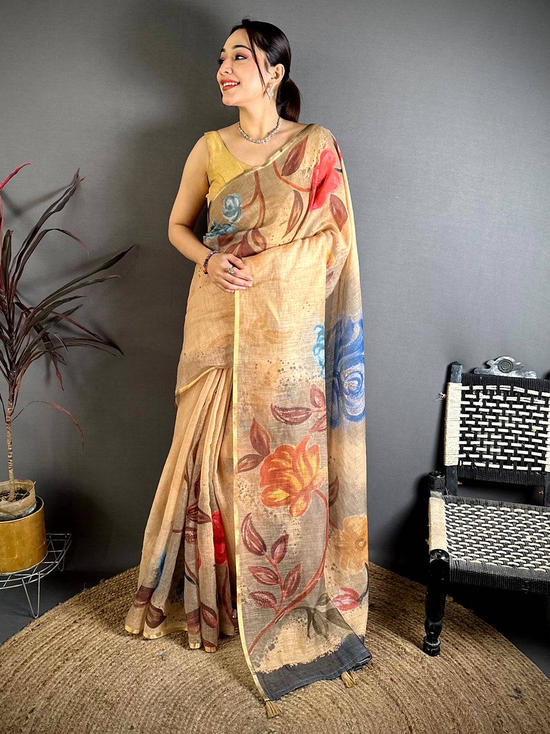 Beige Gold Zari Linen Chanderi Saree