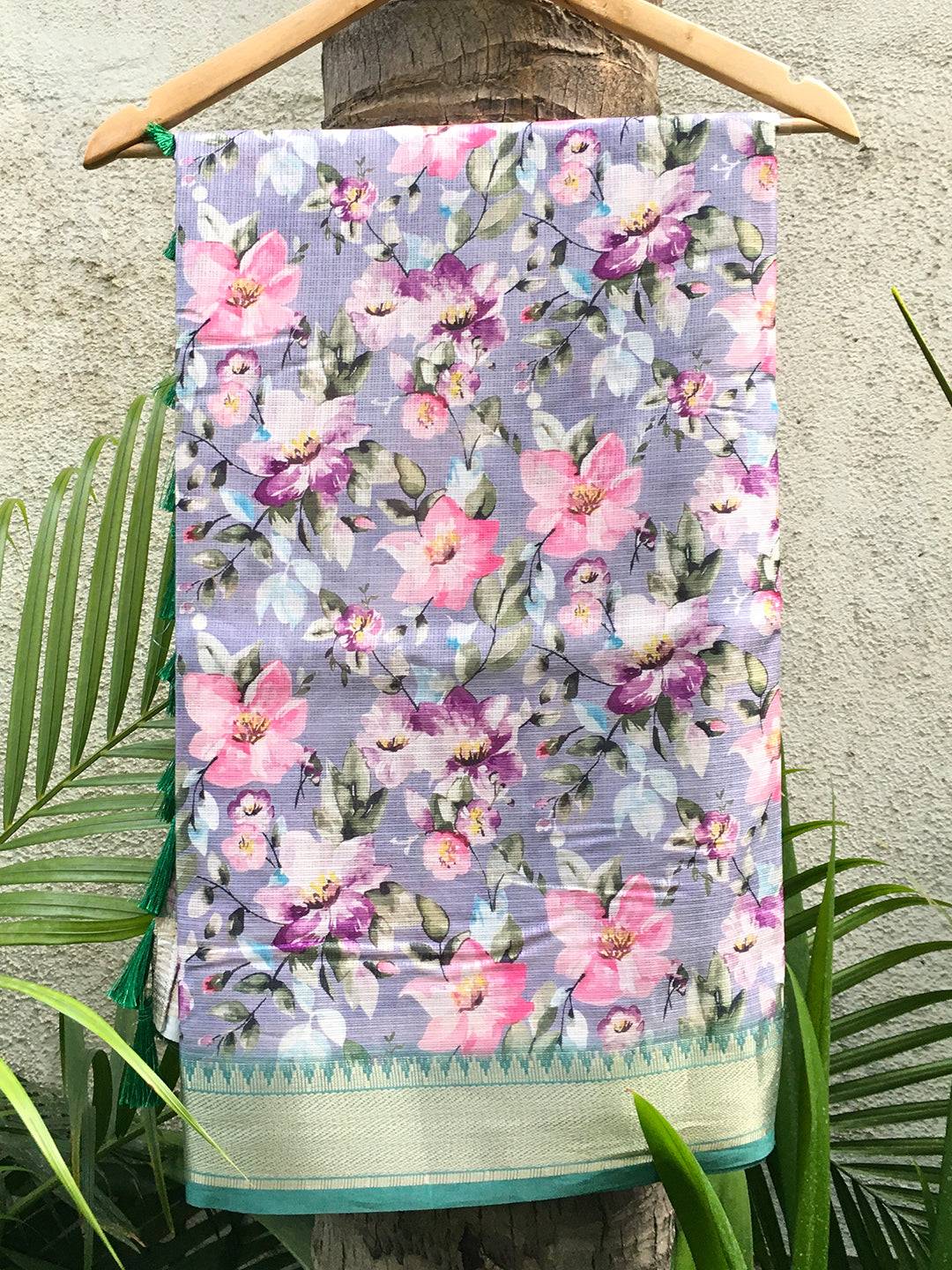 Blue Kota Flower Digital Print Saree with floral design