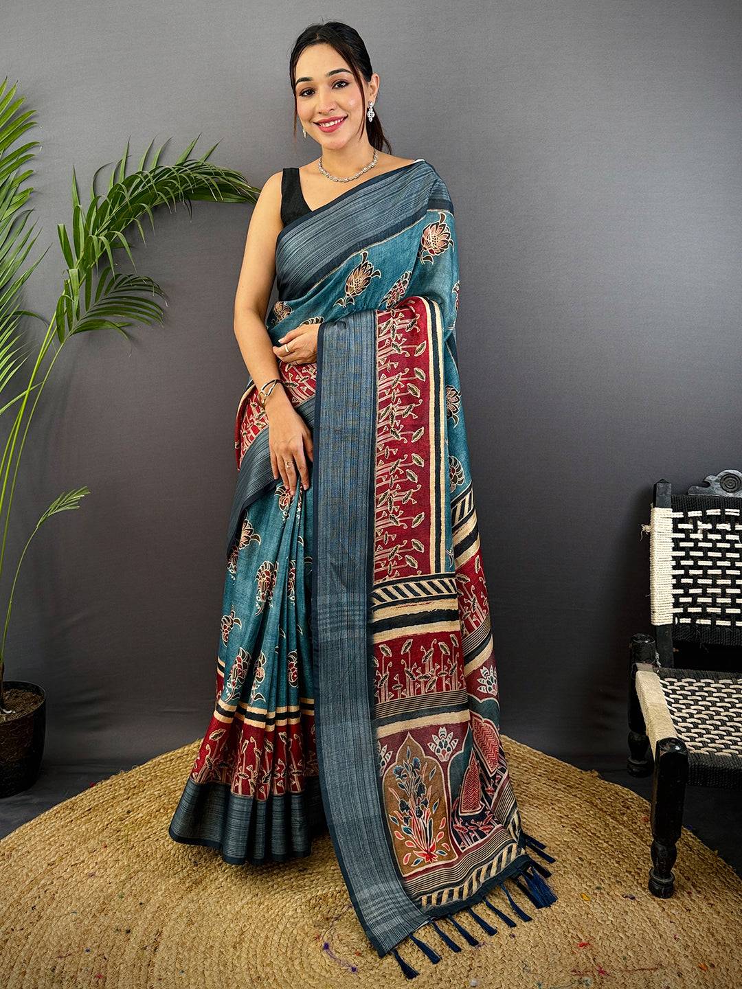 Teal Linen Block Kalamkari Print Saree