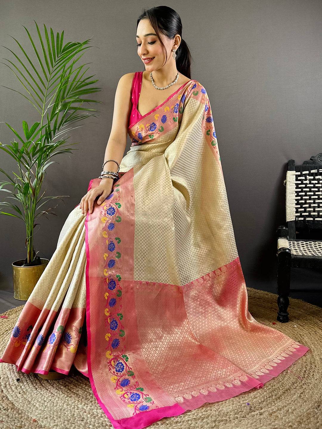 Stylish Banarasi Kota Silk Saree with pink and floral accents