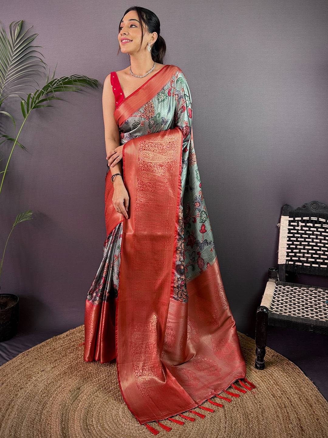 Sea Green Cherry Satin Kalamkari Saree