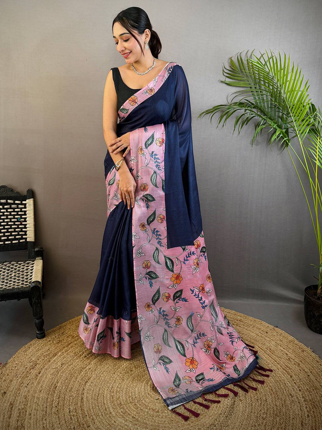 Navy Linen Kalamkari Print Saree