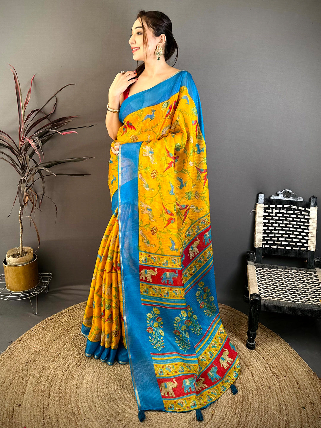 Mustard Kota Doriya Block Print Saree