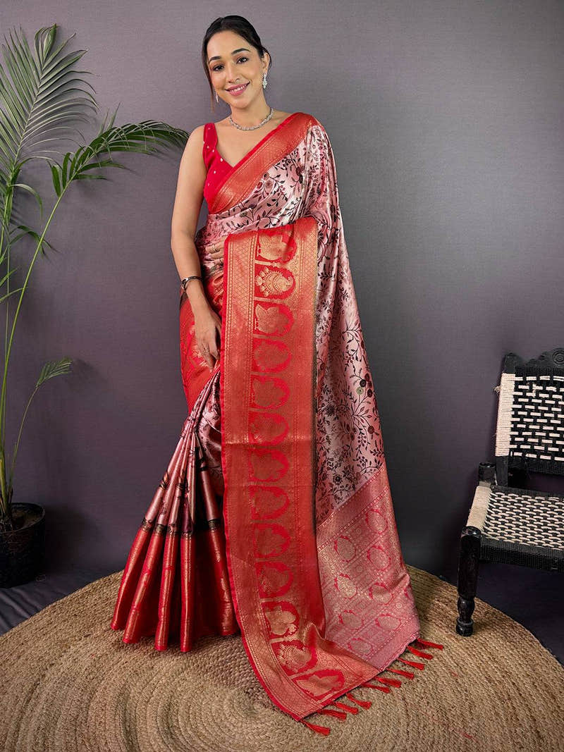 Radiant Soft Cherry Satin Kalamkari Print Saree