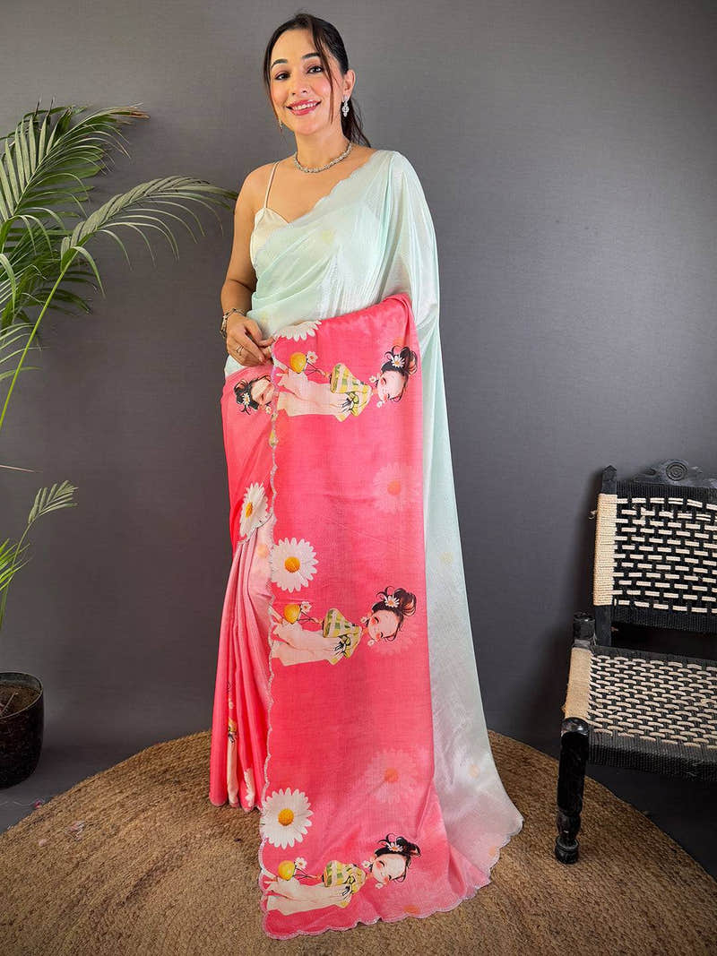 Radiant Barbie Digital Print Chinnon Saree