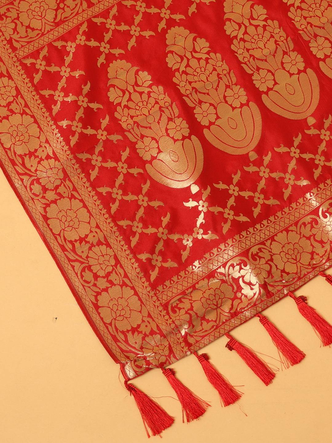 Close-up of red silk blend dupatta with floral design