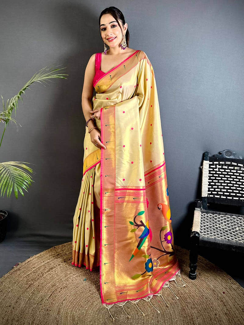 Cream Glass Tissue Yevla Paithani Saree