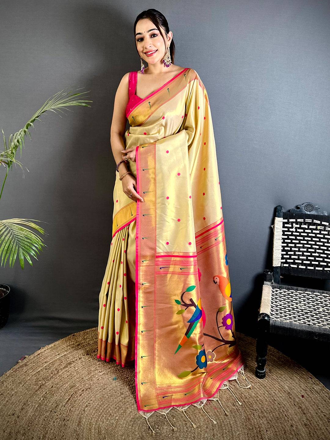 Gream Glass Tissue Yevla Paithani Saree