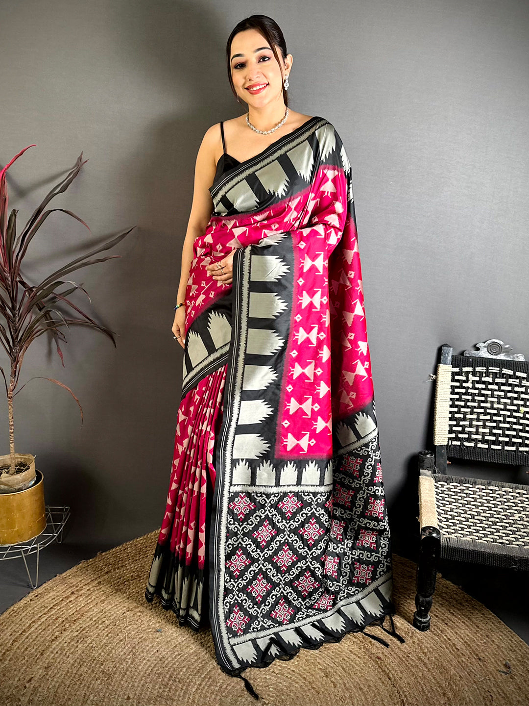 Magenta Warli Weave Soft Silk Saree With Maggam Blouse