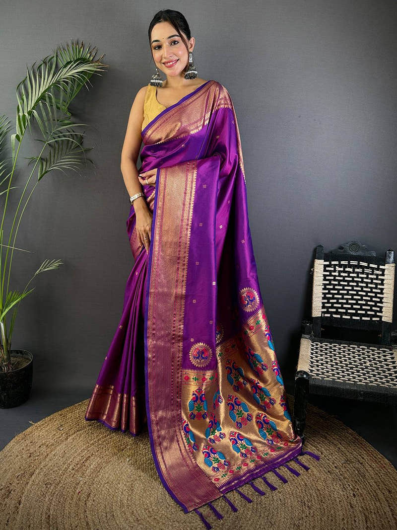 Wine Meenakari Copper Paithani Saree
