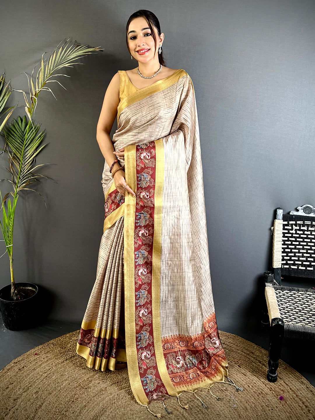 Champagne Beige Tanjore Print Silk Saree