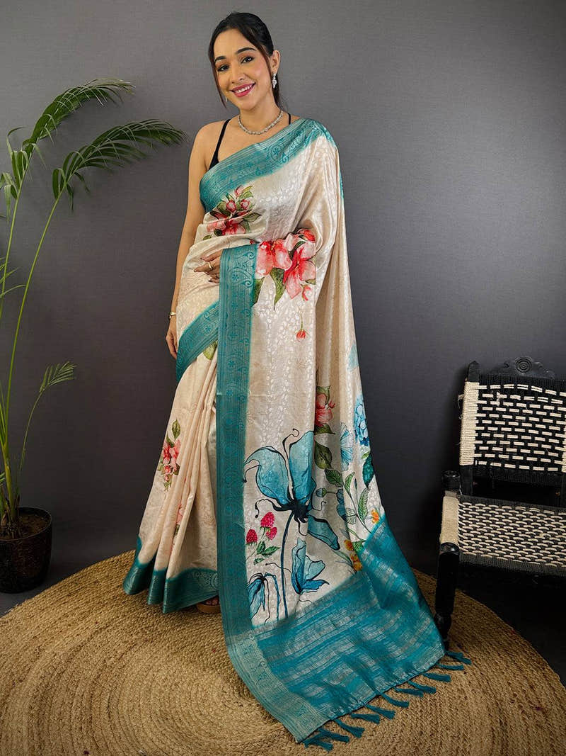 Light Cream Digital Print Soft Dola Silk Saree