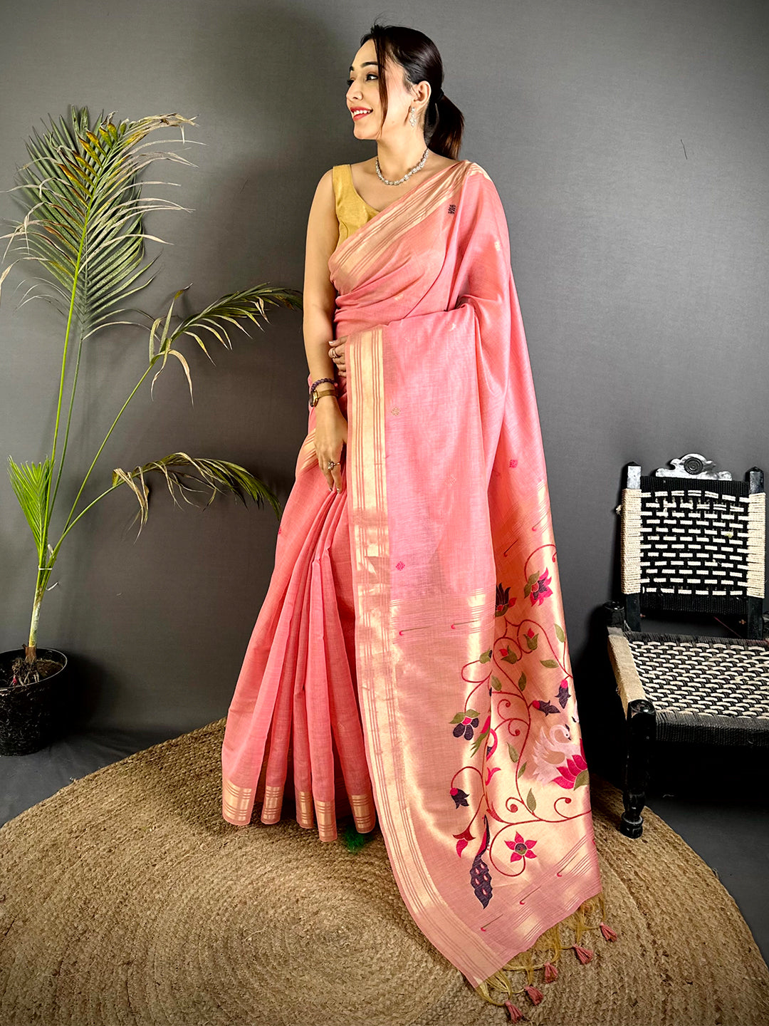 Peach Swan Minakari Linen Saree